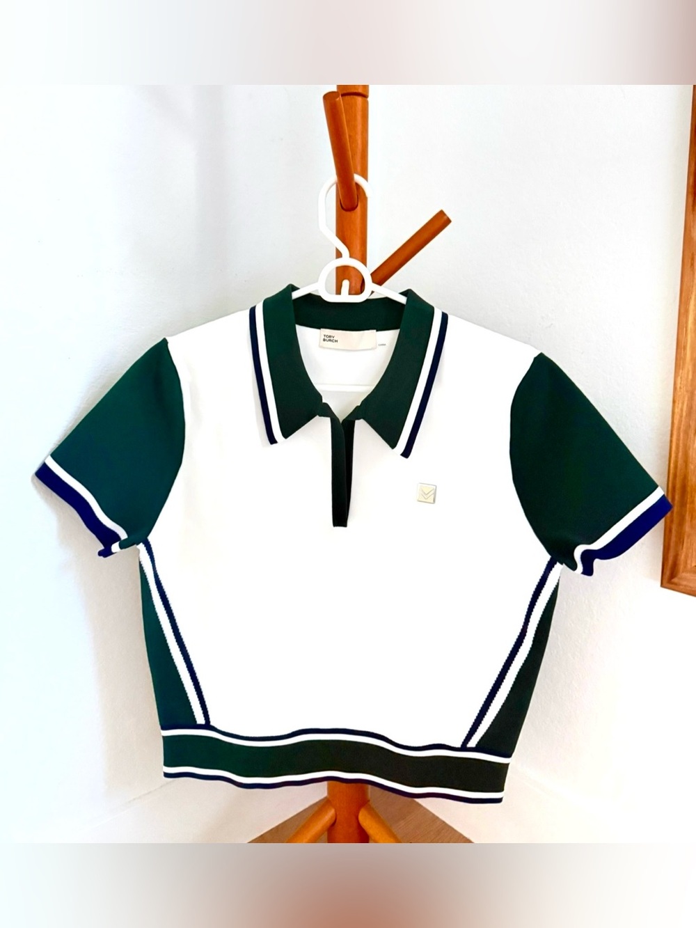 Tory Burch White Polo Top with Dark Green Trim NEW!!